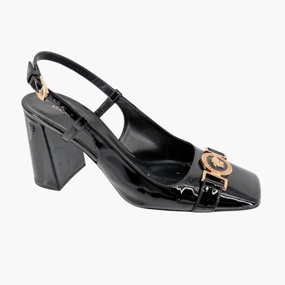 Versace Medusa Slingback Pumps Size 37 US 7 Black Patent Leather Block Heel - Picture 9 of 14